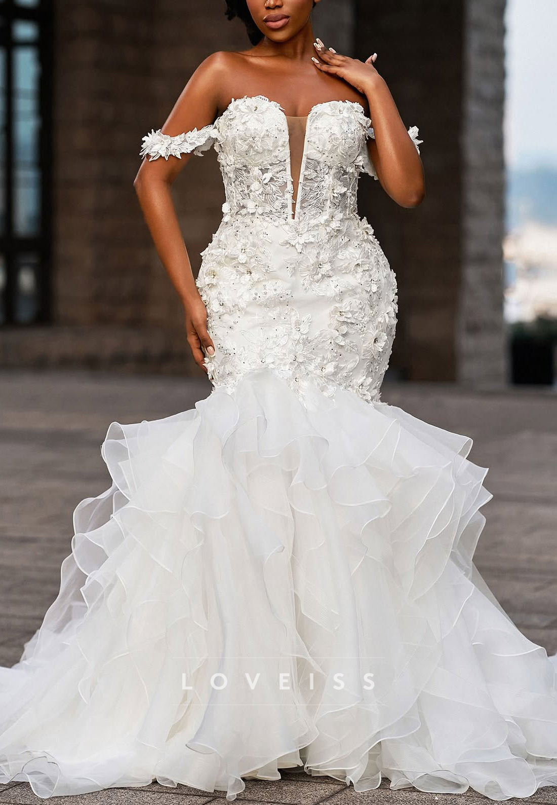 Off-Shoulder Appliques Ruffles Tiered Mermaid Wedding Dress – Loveiss