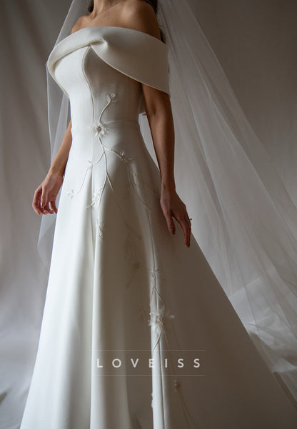 Off-Shoulder Appliques Satin A-Line Sleeveless Wedding Dress