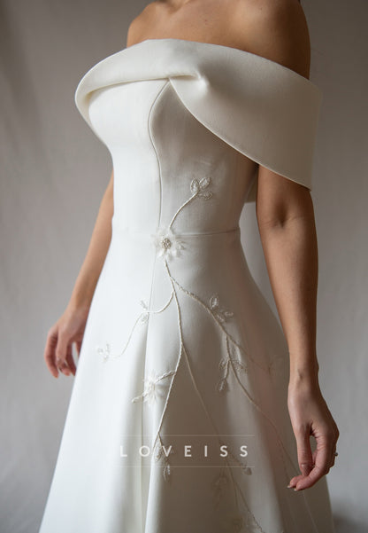 Off-Shoulder Appliques Satin A-Line Sleeveless Wedding Dress