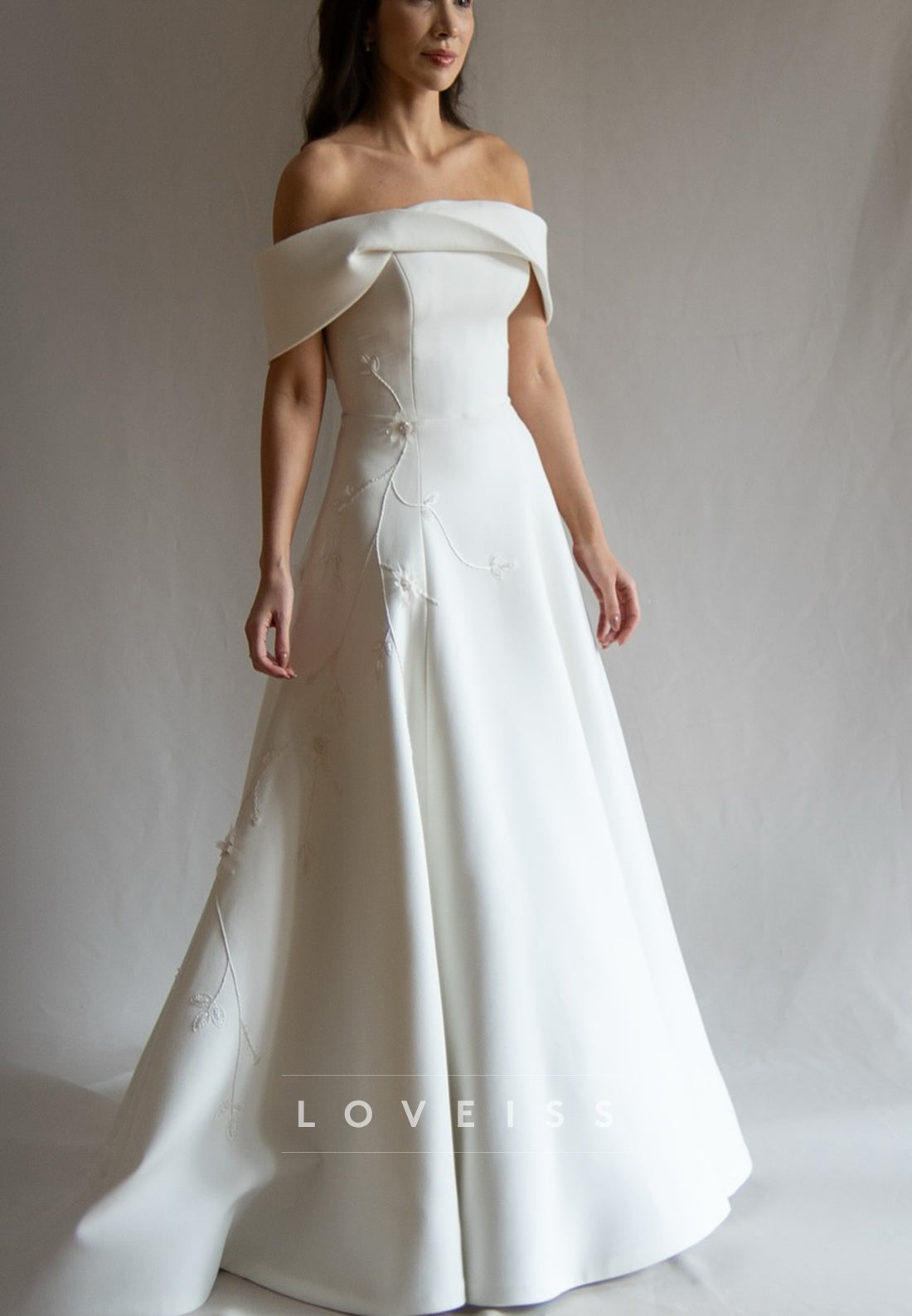 Off-Shoulder Appliques Satin A-Line Sleeveless Wedding Dress