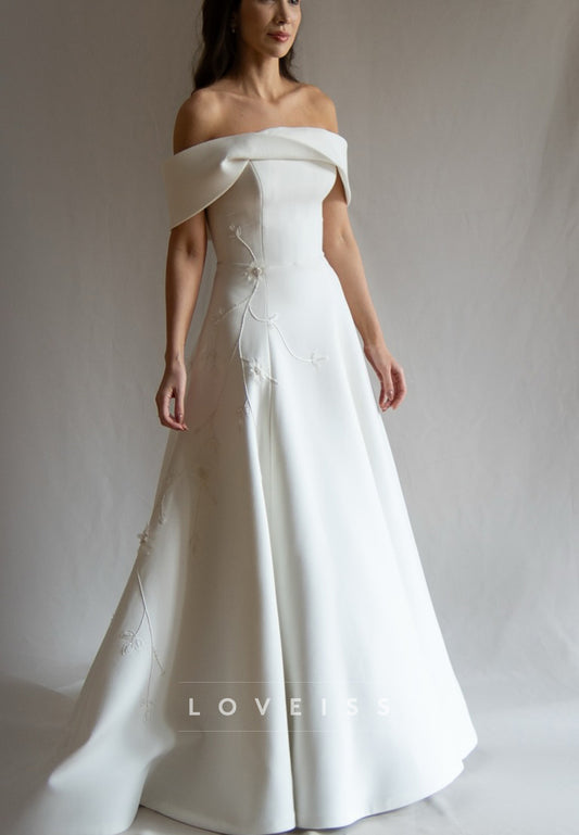 Off-Shoulder Appliques Satin A-Line Sleeveless Wedding Dress