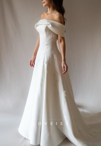 Off-Shoulder Appliques Satin A-Line Sleeveless Wedding Dress