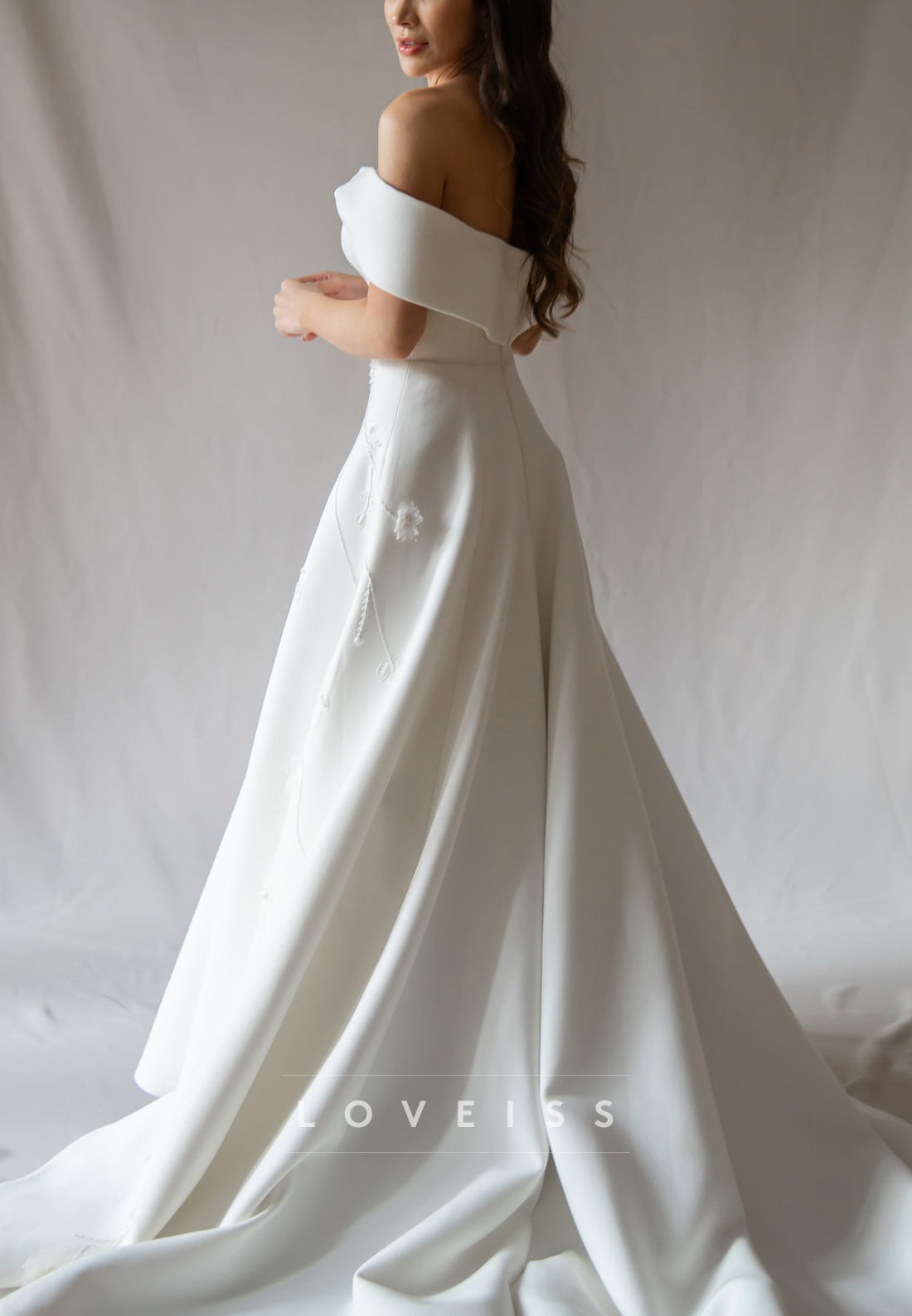 Off-Shoulder Appliques Satin A-Line Sleeveless Wedding Dress