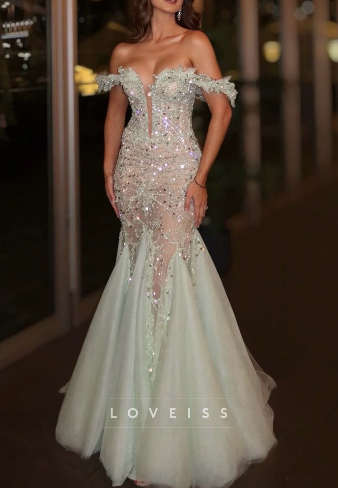 Off-Shoulder Appliques Sequins Mermaid Prom Dress