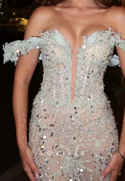 Off-Shoulder Appliques Sequins Mermaid Prom Dress