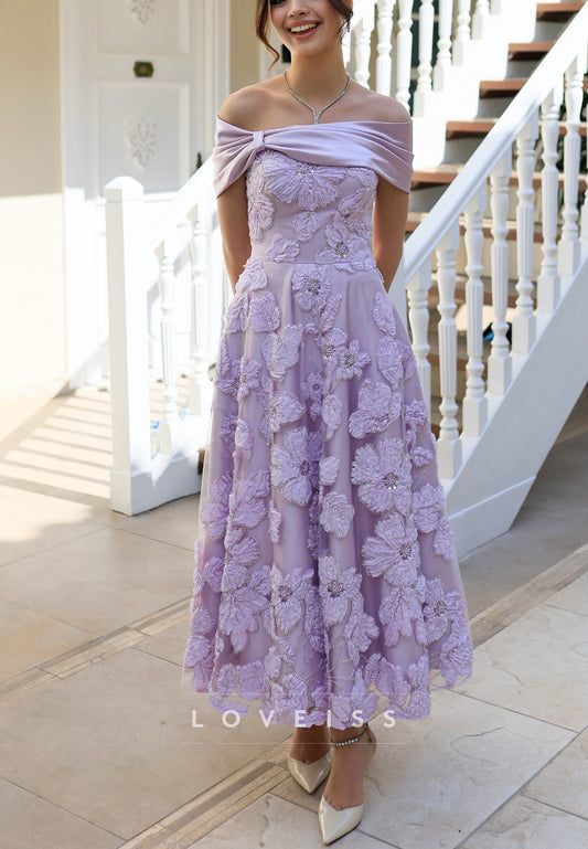 Off-Shoulder Appliques Sleeveless Midi A-Line Prom Dress