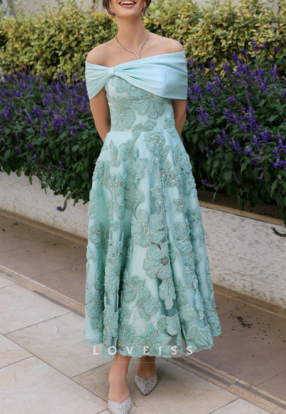 Off-Shoulder Appliques Sleeveless Midi A-Line Prom Dress