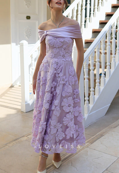 Off-Shoulder Appliques Sleeveless Midi A-Line Prom Dress