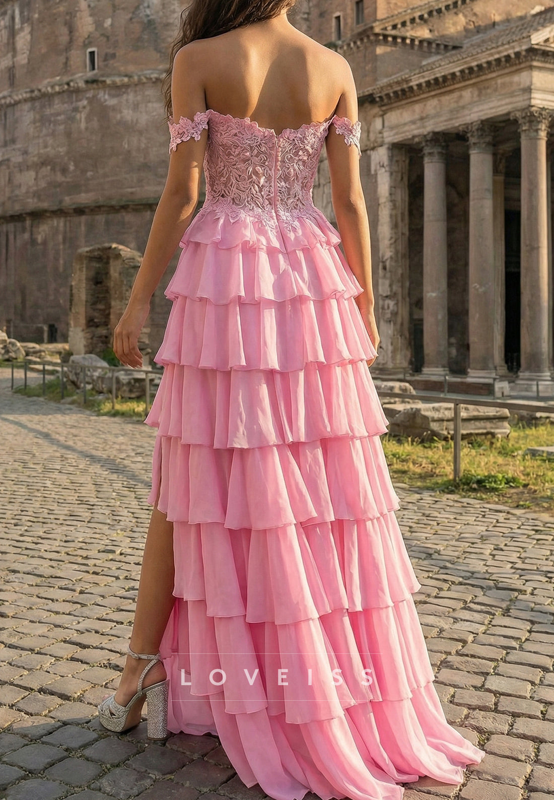 Off-Shoulder Appliques Tiered A-Line Prom Dress