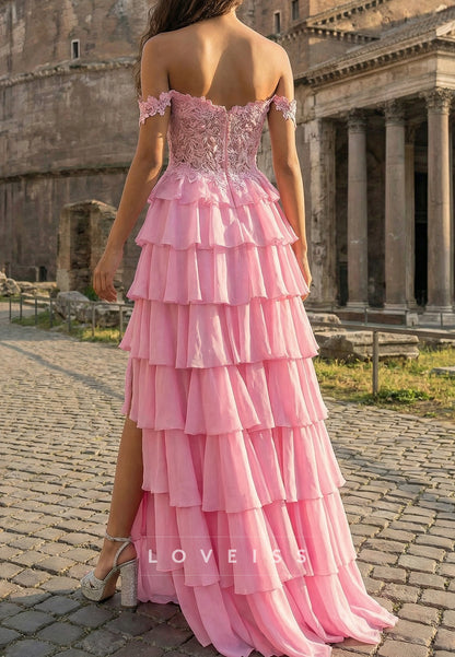 Off-Shoulder Appliques Tiered A-Line Prom Dress