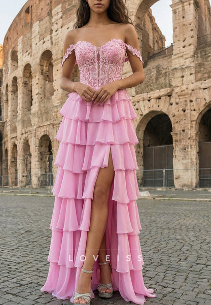 Off-Shoulder Appliques Tiered A-Line Prom Dress