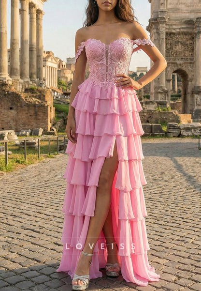 Off-Shoulder Appliques Tiered A-Line Prom Dress