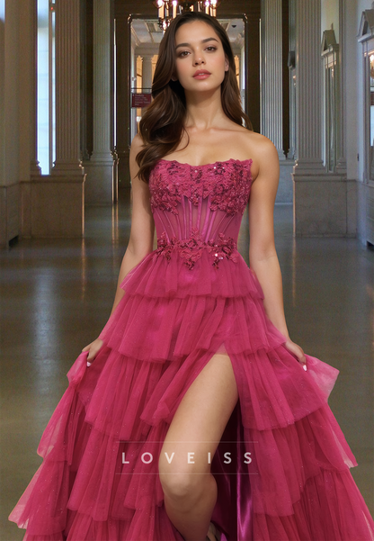 Off-Shoulder Appliques Tiered Tulle Ball Gown A-Line Prom Dress