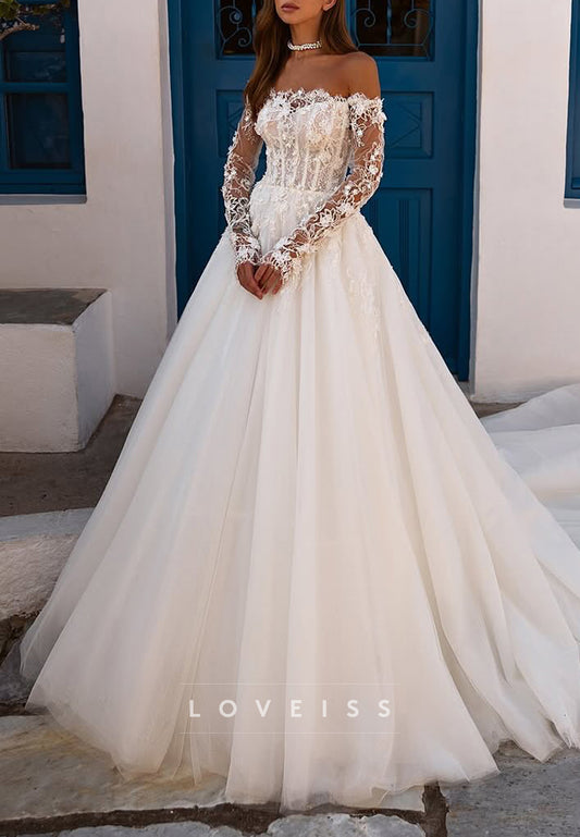 Off-Shoulder Ball Gown Appliques Long Sleeves Wedding Dress