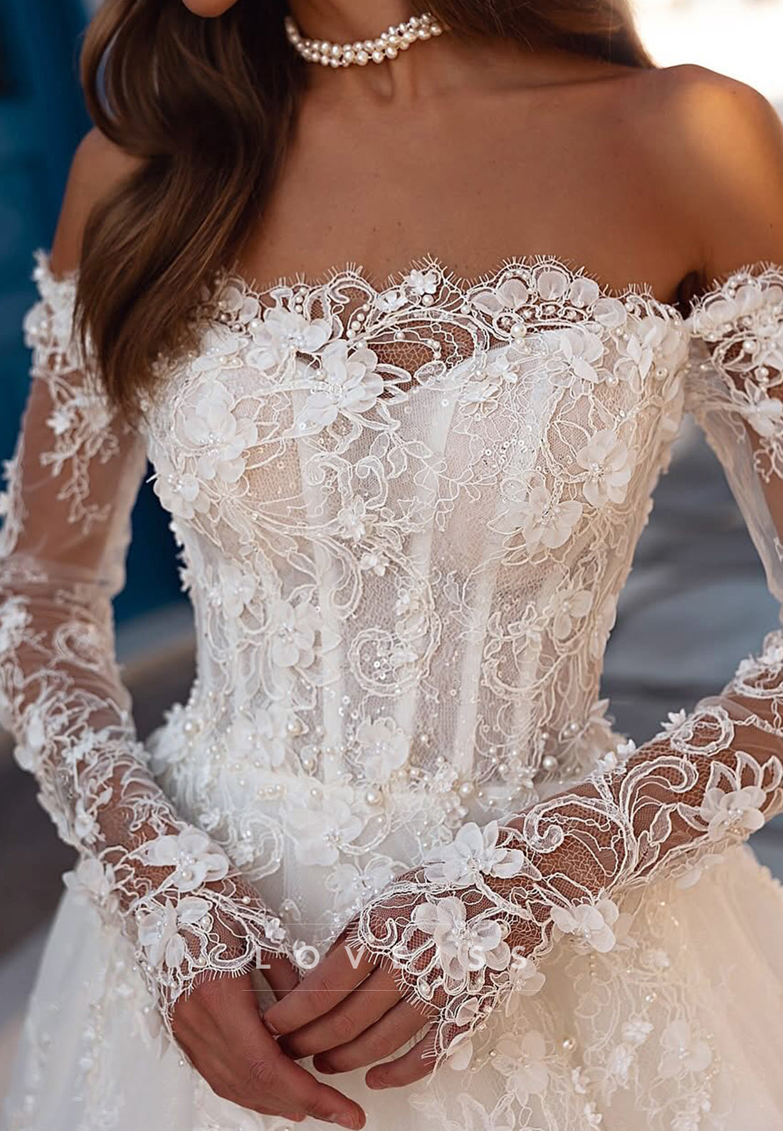 Off-Shoulder Ball Gown Appliques Long Sleeves Wedding Dress