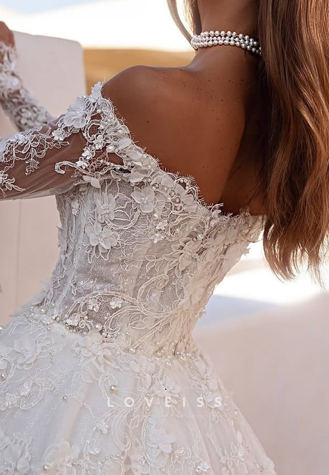 Off-Shoulder Ball Gown Appliques Long Sleeves Wedding Dress