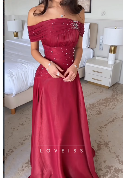 Off-Shoulder Beaded A-Line Red Prom Dress