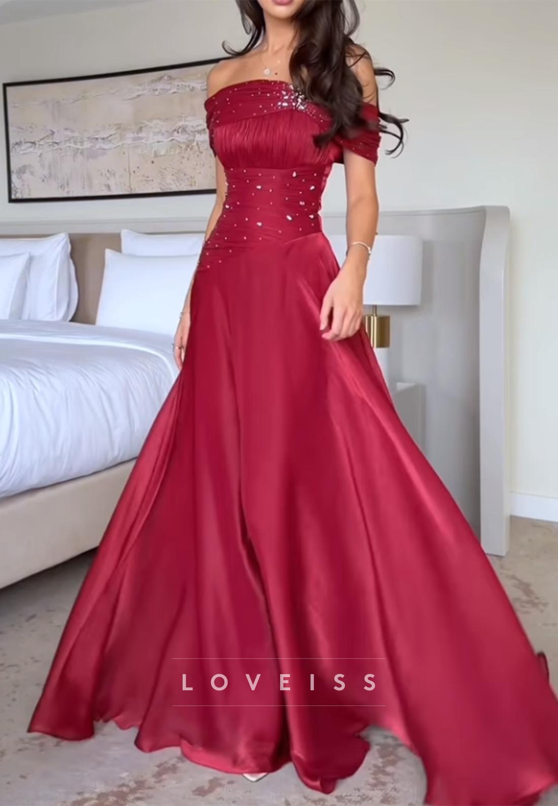 Off-Shoulder Beaded A-Line Red Prom Dress