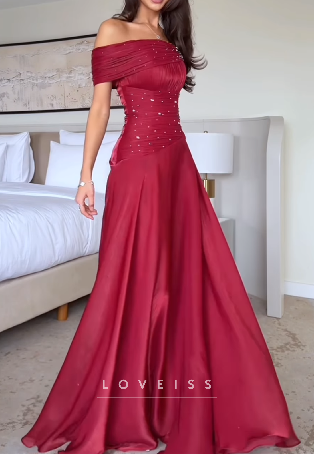 Off-Shoulder Beaded A-Line Red Prom Dress