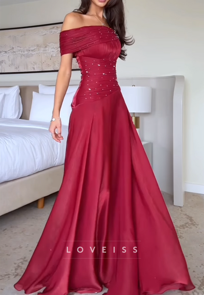 Off-Shoulder Beaded A-Line Red Prom Dress