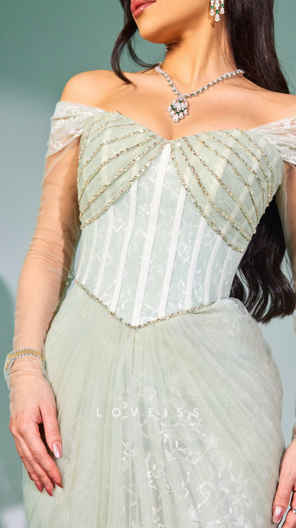 Off-Shoulder Beaded Appliques Tulle Mermaid Prom Dress