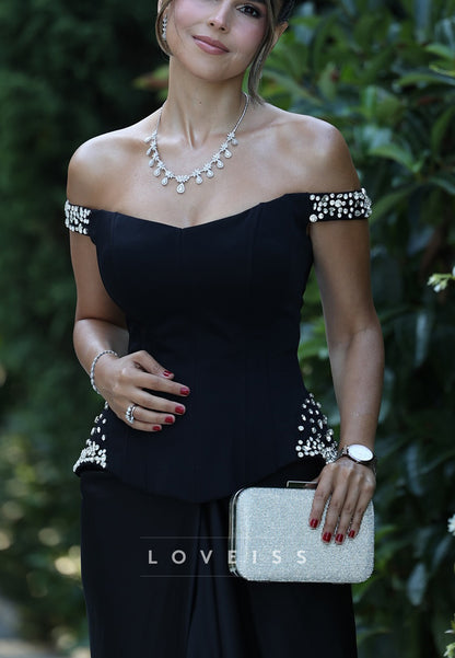 Off-Shoulder Beaded Corset Sheath Formal Dress