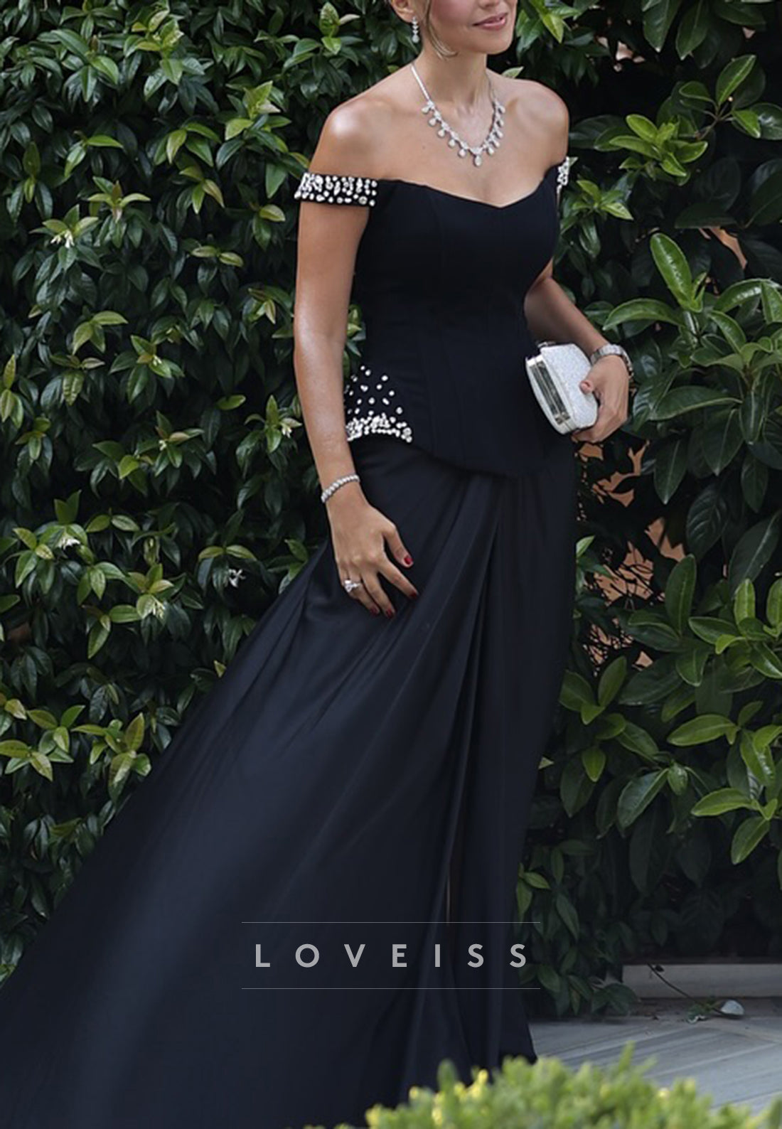 Off-Shoulder Beaded Corset Sheath Formal Dress