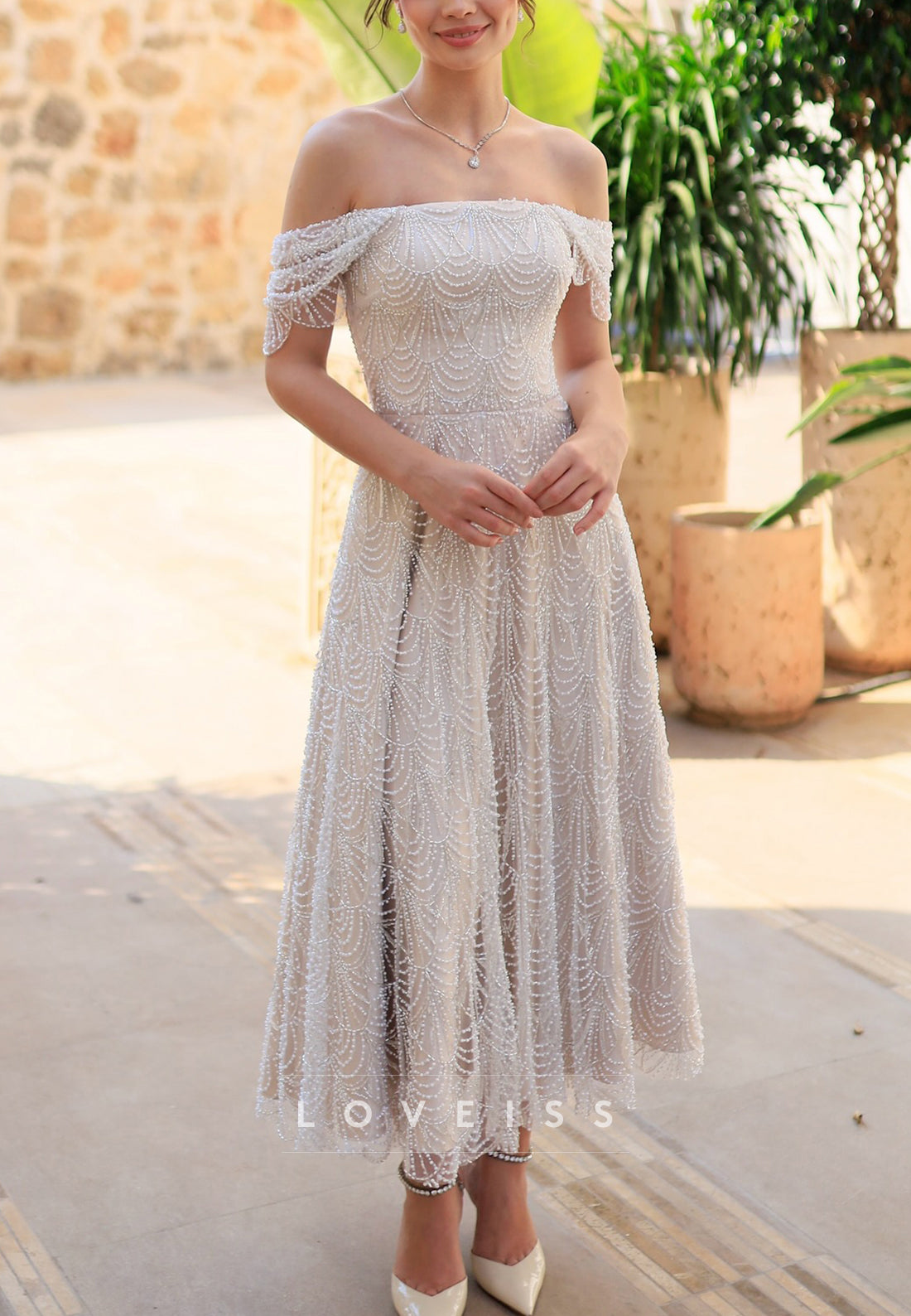 Off-Shoulder Beaded Embroidery Cap Sleeves A-Line Formal Dress