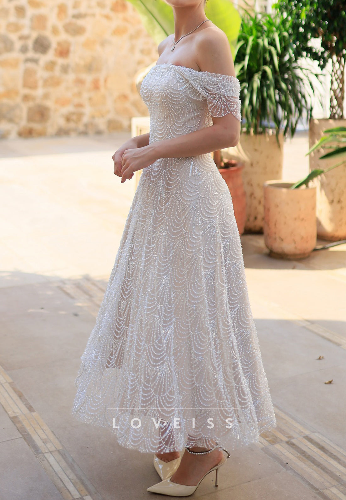 Off-Shoulder Beaded Embroidery Cap Sleeves A-Line Formal Dress