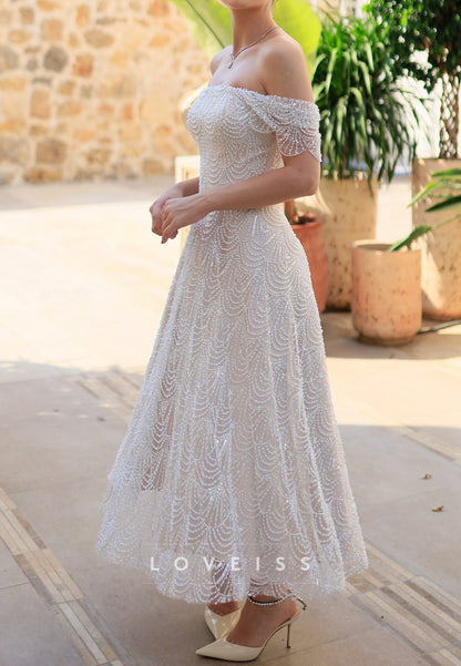 Off-Shoulder Beaded Embroidery Cap Sleeves A-Line Formal Dress
