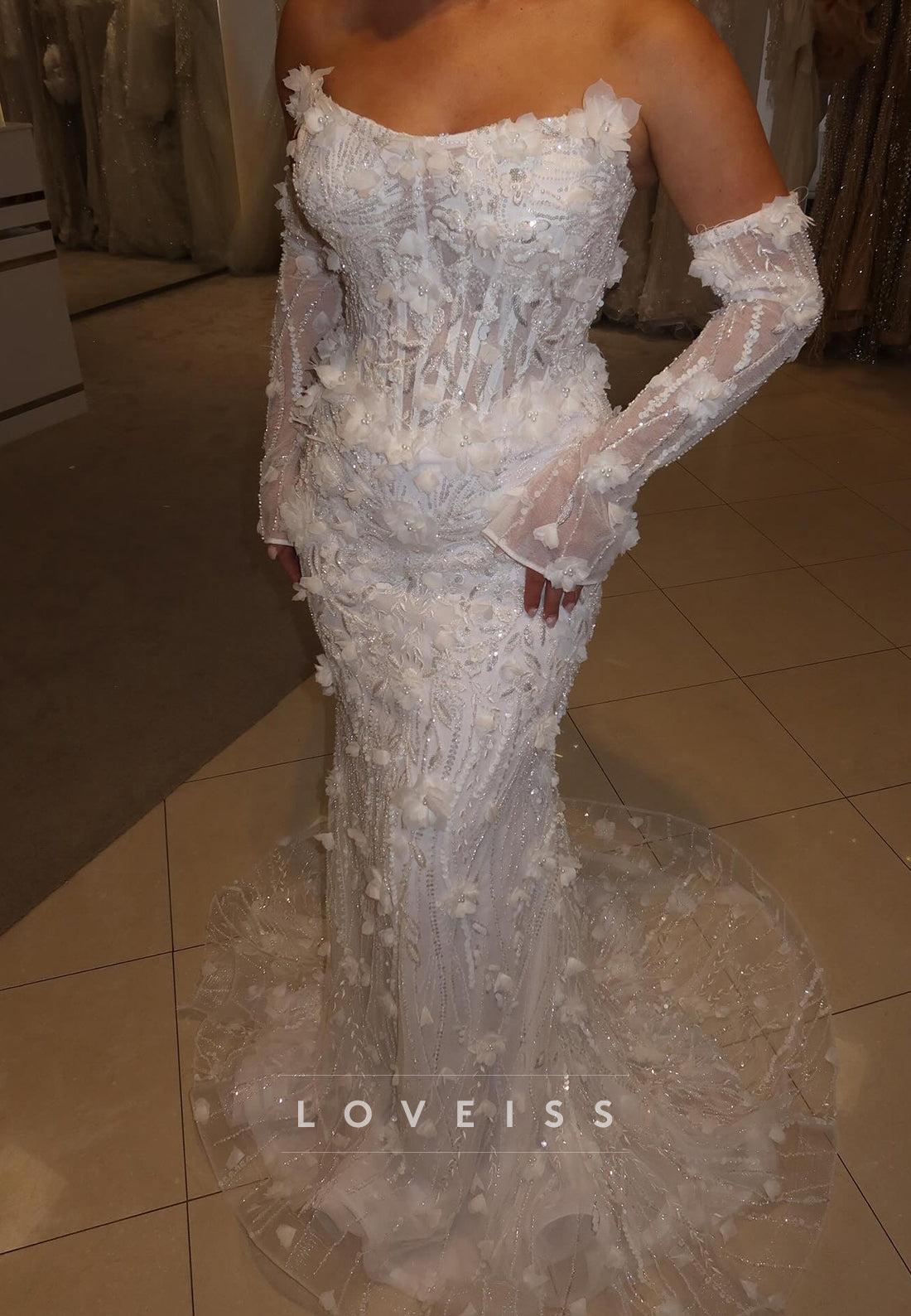 Off-Shoulder Beaded Embroidery Floral Embellished Mermaid Wedding Dress