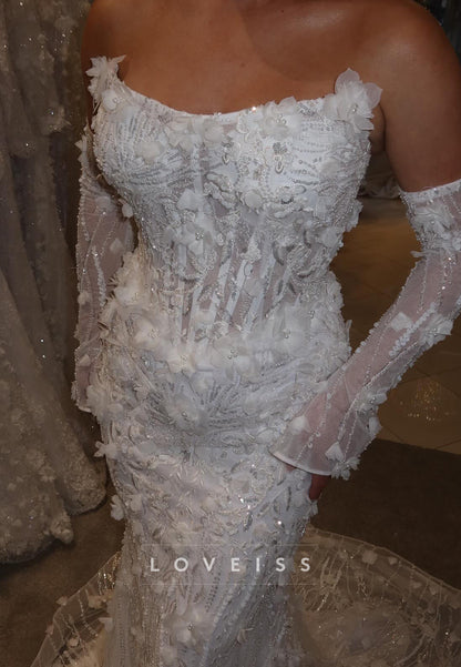 Off-Shoulder Beaded Embroidery Floral Embellished Mermaid Wedding Dress
