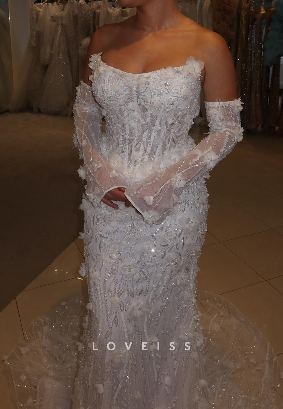 Off-Shoulder Beaded Embroidery Floral Embellished Mermaid Wedding Dress