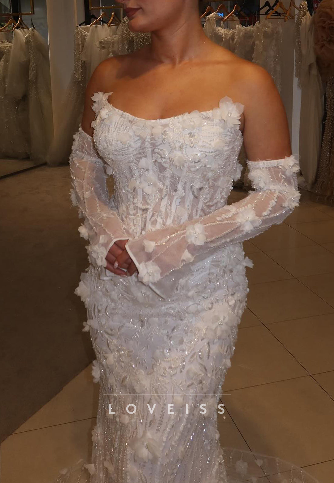 Off-Shoulder Beaded Embroidery Floral Embellished Mermaid Wedding Dress