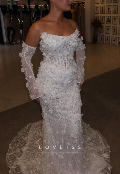 Off-Shoulder Beaded Embroidery Floral Embellished Mermaid Wedding Dress