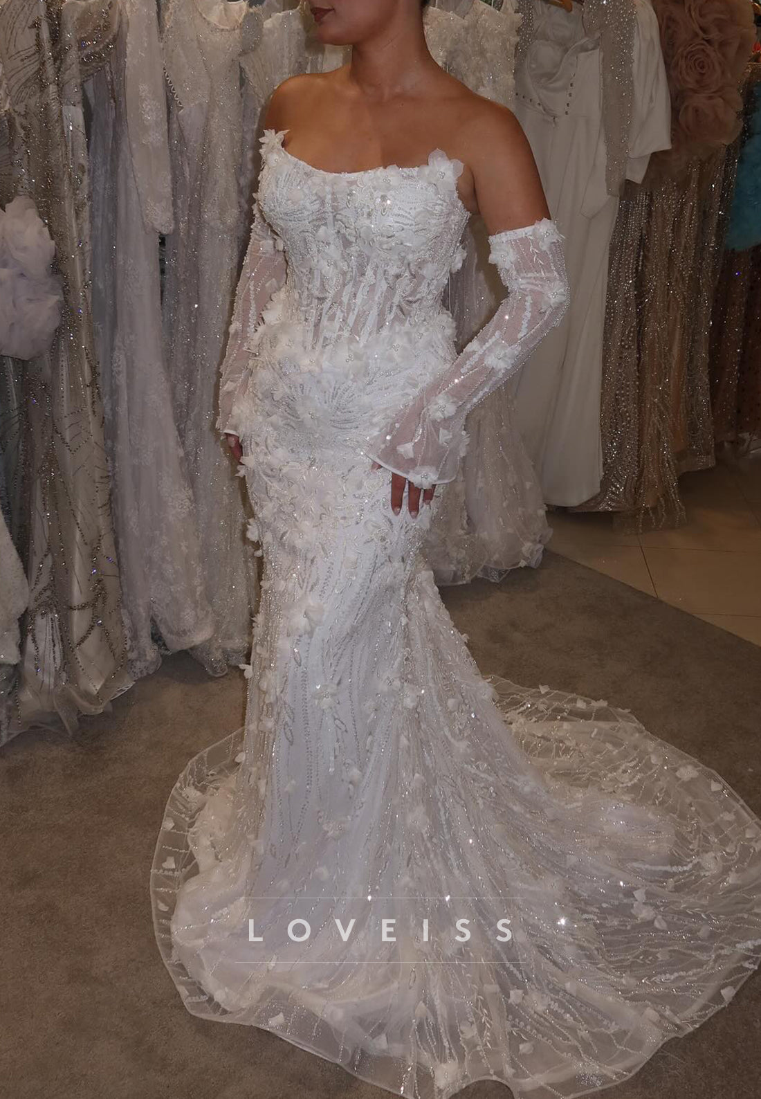 Off-Shoulder Beaded Embroidery Floral Embellished Mermaid Wedding Dress