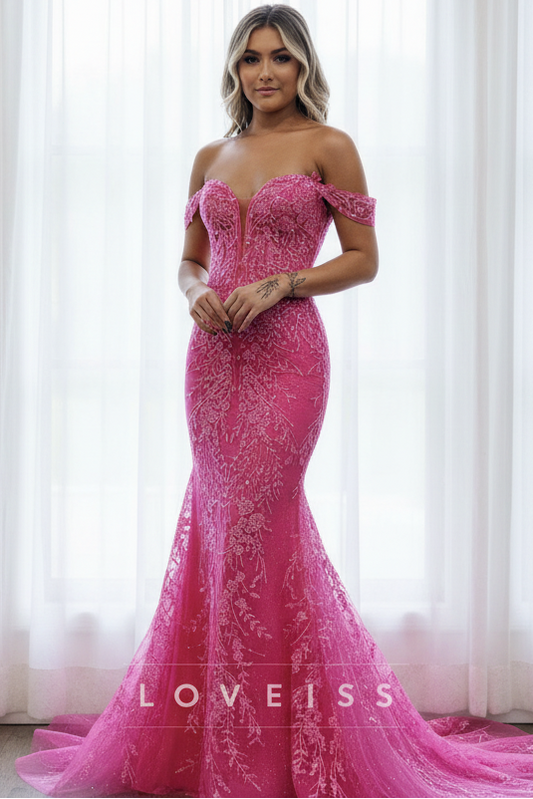 Off-Shoulder Beaded Embroidery Mermaid Prom Dress