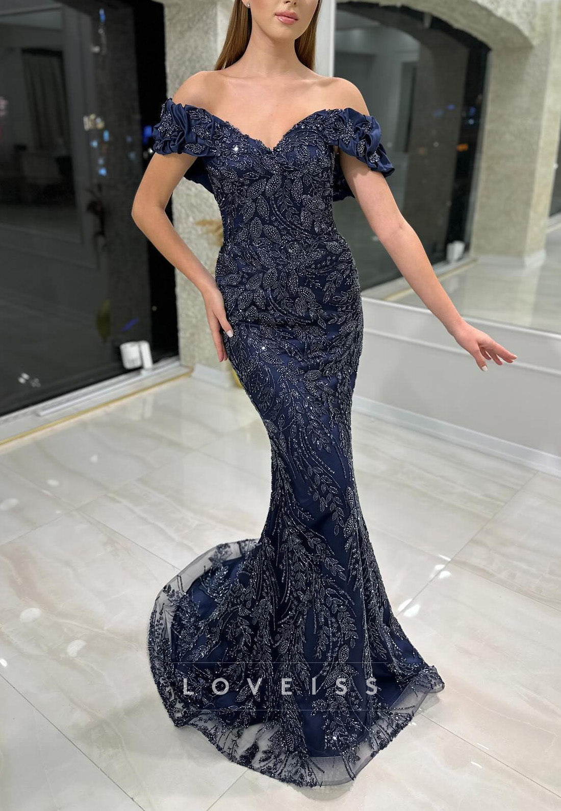 Off-Shoulder Beaded Embroidery Mermaid Prom Dress