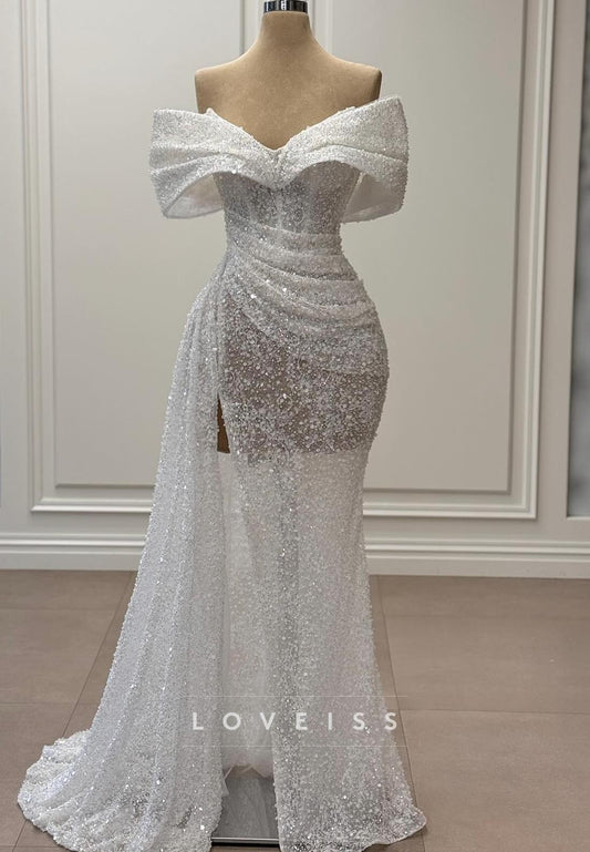 Off-Shoulder Beaded Embroidery Pleated Sheath Wedding Dress