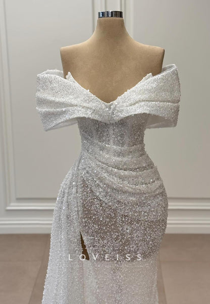 Off-Shoulder Beaded Embroidery Pleated Sheath Wedding Dress