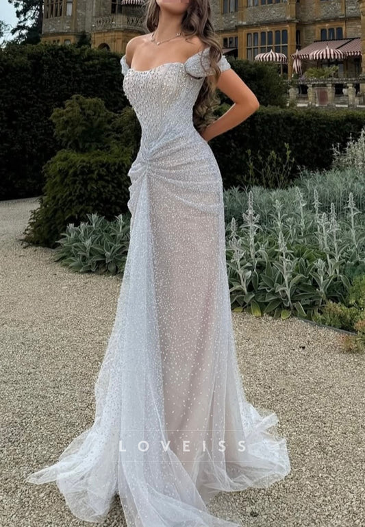 Off-Shoulder Beaded Embroidery Ruched Mermaid Evening Dress