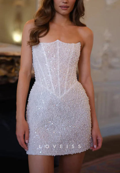 Off-Shoulder Beaded Embroidery Sheath Short Wedding Dress