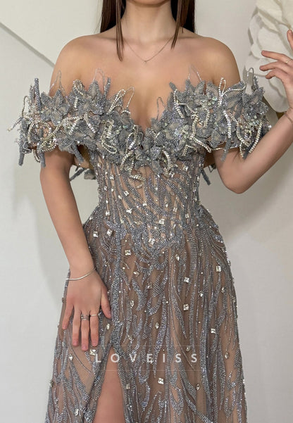Off-Shoulder Beaded Embroidery Sparkly A-Line Prom Dress