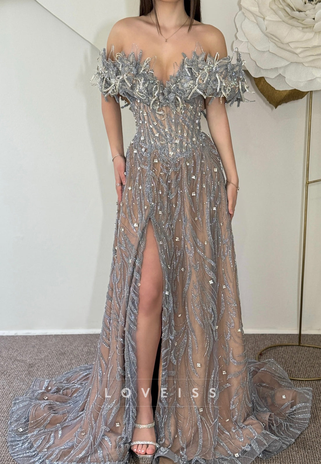 Off-Shoulder Beaded Embroidery Sparkly A-Line Prom Dress