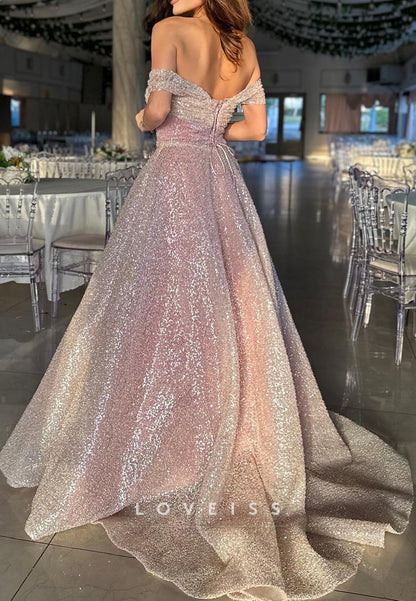 Off-Shoulder Beaded Embroidery Sparkly A-Line Prom Dress
