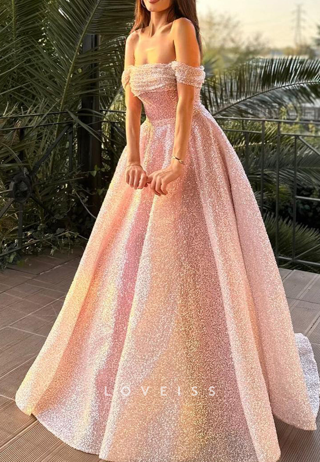Off-Shoulder Beaded Embroidery Sparkly A-Line Prom Dress