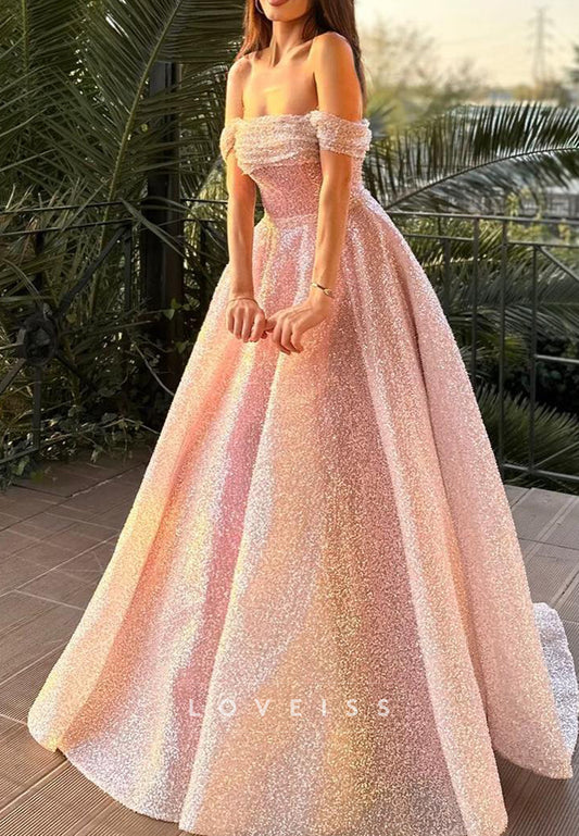 Off-Shoulder Beaded Embroidery Sparkly A-Line Prom Dress