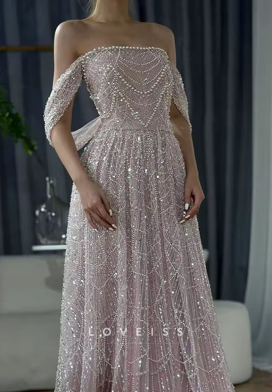Off-Shoulder Beaded Embroidery Sparkly A-Line Prom Evening Dress