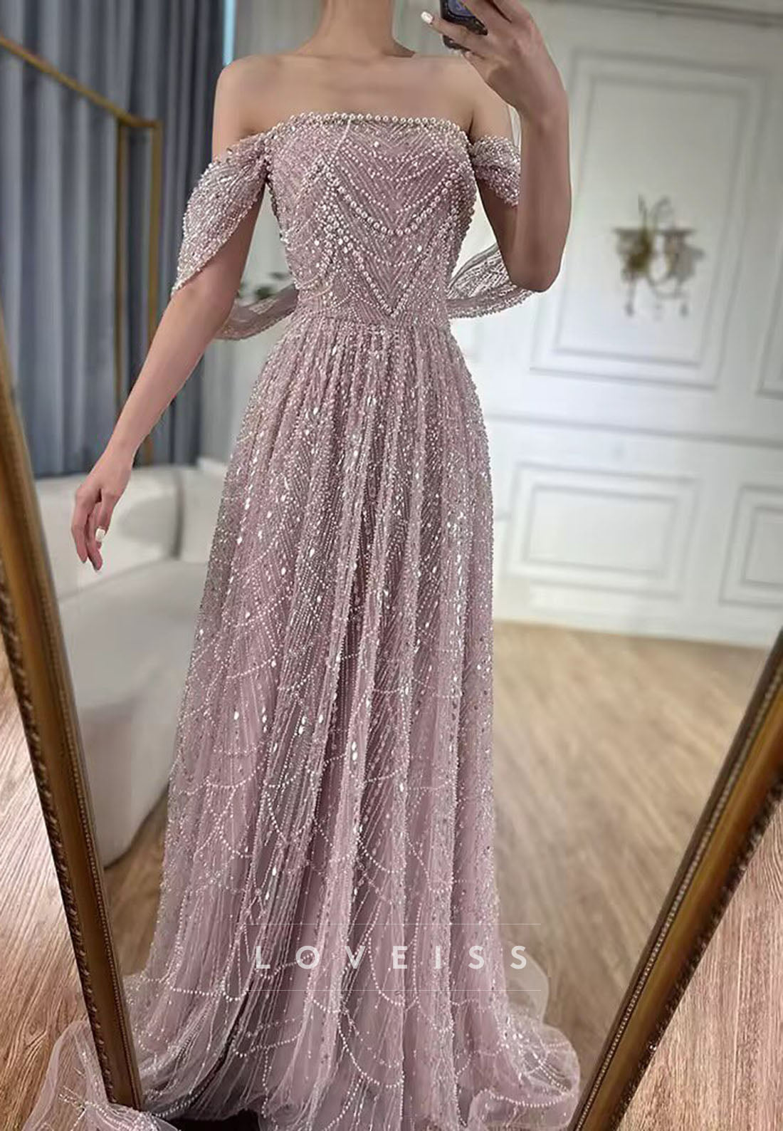 Off-Shoulder Beaded Embroidery Sparkly A-Line Prom Evening Dress