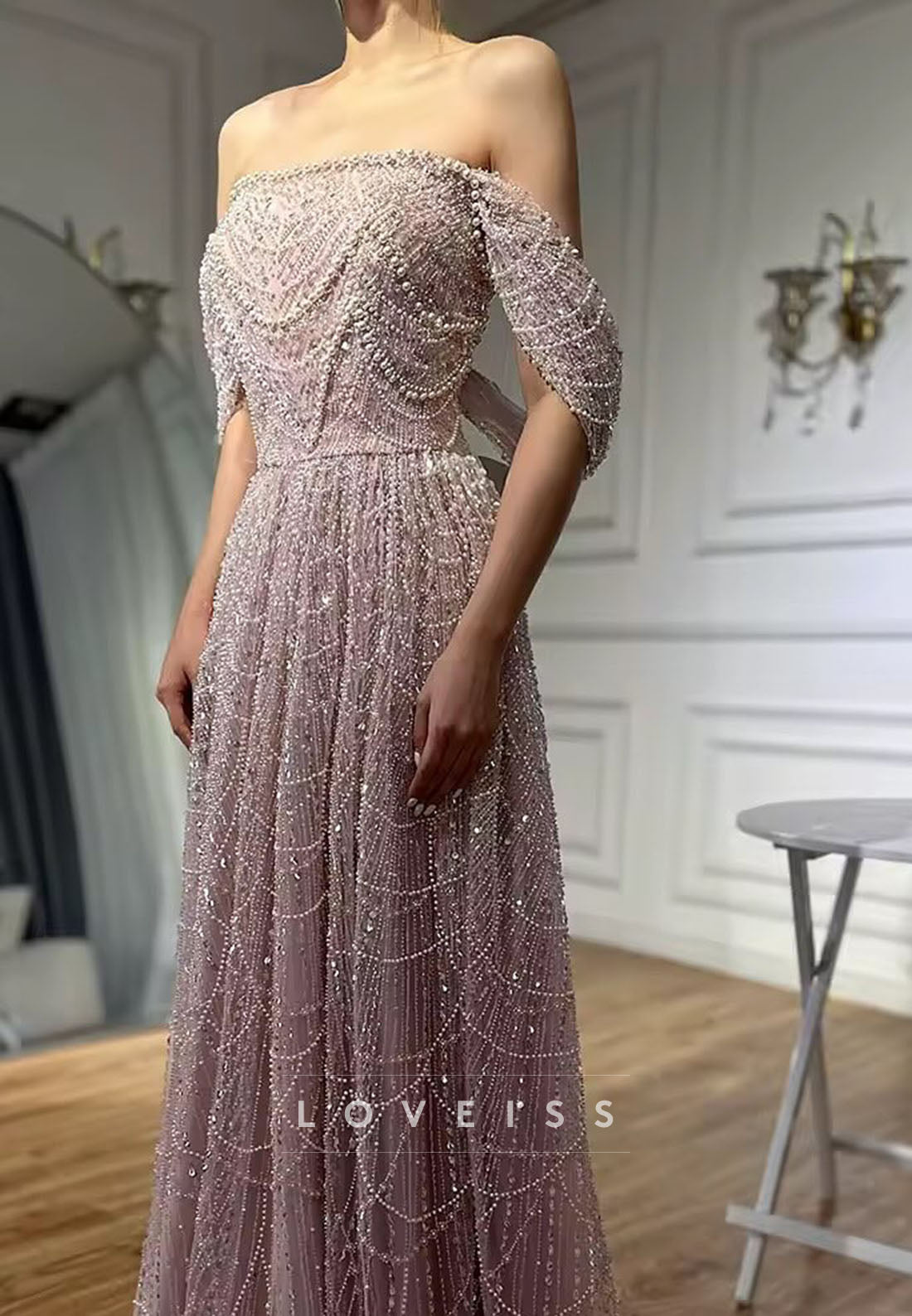 Off-Shoulder Beaded Embroidery Sparkly A-Line Prom Evening Dress